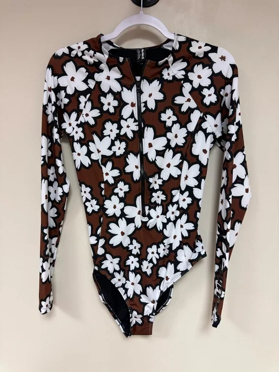 Hurley Brown White DAISY Floral Long-Sleeve One-Piece Swimsuit NEW WITHOUT TAGS - Picture 1 of 8